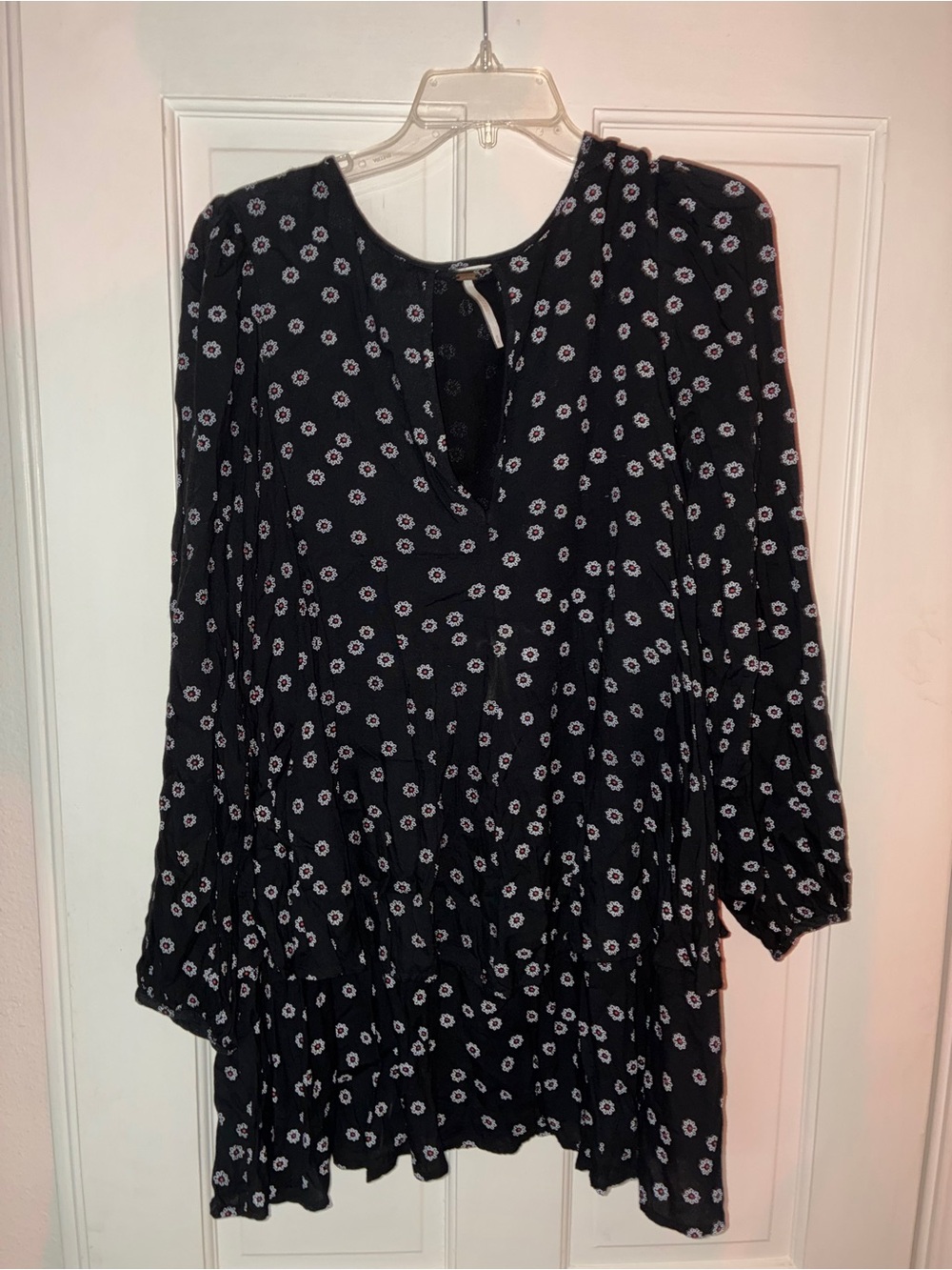 Free People Black Floral Faux Wrap Mini Dress M Boho Long Sleeve